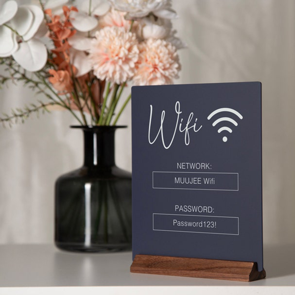 Airbnb Smart Home - Kundenspezifisches WiFi-QR-Code-Acryl-Tischschild mit Holzsockel, Scan zur
